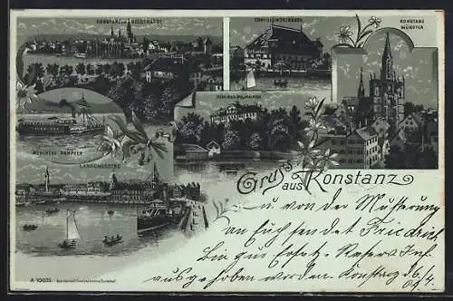 Mondschein-Lithographie Konstanz, Conciliumsgebäude, Schloss Mainau, Münster