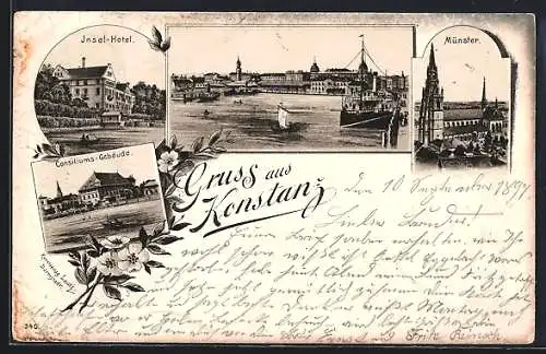 Lithographie Konstanz, Insel-Hotel, Münster, Consiliums-Gebäude