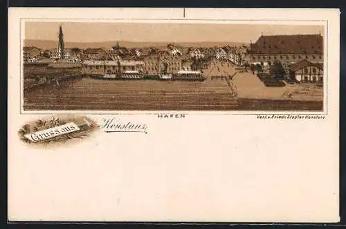 Lithographie Konstanz, Hafen aus der Vogelschau