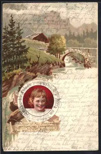 Lithographie Campéry, Brücke bei Campéry, Reklame für Nestles Kinderseife