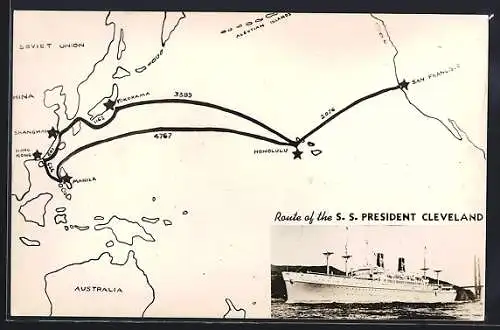 AK Passagierschiff SS President Cleveland, Route über den Pazifik