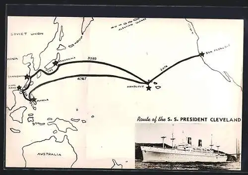 AK Passagierschiff SS President Cleveland, Route über den Pazifik