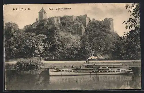 AK Halle a. S., Dampfer Siegfried vor der Ruine Giebichstein