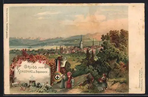 Lithographie Konstanz / Bodensee, Totalansicht