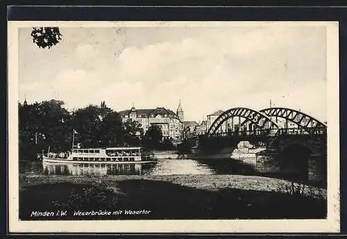 AK Minden i. W., Weserbrücke mit Wesertor, MS Porta Westfalica