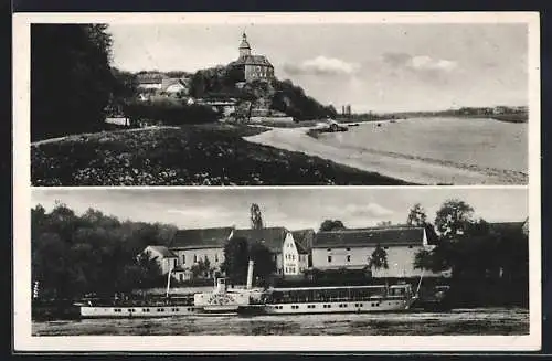 AK Niederlommatzsch, Elbdampfer MS Leitmeritz vor dem Gasthof v. Willy Arnold, Schloss Hirschstein