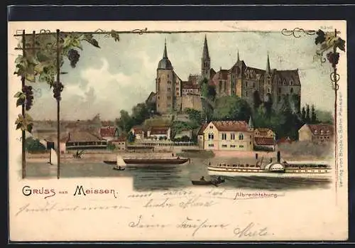 Lithographie Meissen, Dampferpartie an der Albrechtsburg