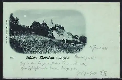 Mondschein-AK Eberstein im Murgtal, Blick auf das Schloss