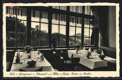 AK Gernsbach, Hotel-Restaurant Kurhaus Gernsbach v. Paul Ehlers, Blick vom Speisezimmer auf das Ehrenmal