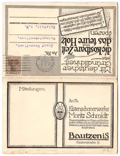 Klapp-AK Bautzen i. S., Kistenschonerwerke Moritz Schmidt, Reklame