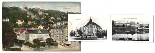 Leporello-AK Loschwitz b. Dresden, Teilansicht mit Drahtseilbahn, Louisenhof, Schillerhaus, Rote Amsel