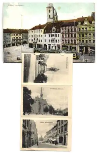 Leporello-AK Zittau, Marktplatz mit Strassenbahnen, Bahnhof, Kaiserl. Postamt, Johanneum, Bismarckdenkmal