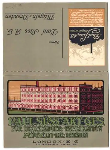 Klapp-AK Mügeln / Dresden, Reklame-Karten Paul Süss Akt. Ges. für Luxuspapier-Fabrikation, Fabrikgebäude