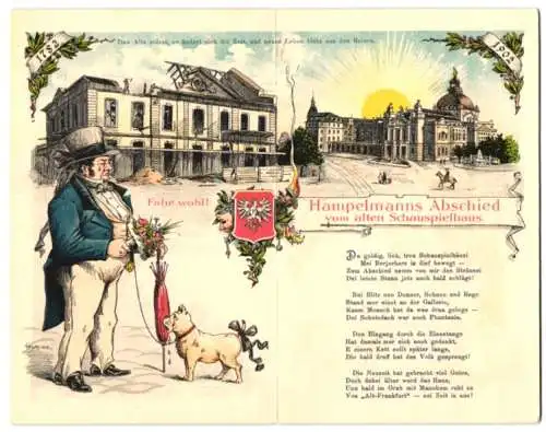 Klapp-Lithographie Frankfurt a. Main, Hampelmanns Abschied vom alten Schauspielhaus, Wappen