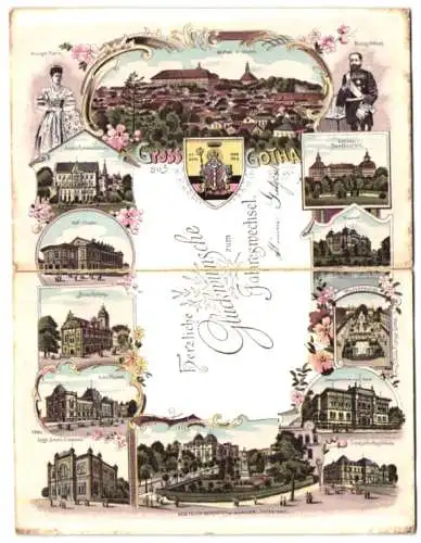 Klapp-Lithographie Gotha, Hoftheater, Schloss Friedenstein, Museum, Wasserkunst, Herzogin Marie und Herzog Alfred