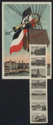 Leporello-AK Hamburg, Ballon mit Reichsfahne, Hauptbahnhof, Rathaus, Jungfernstieg, Alsterpavillon, Bismarck-Denkmal