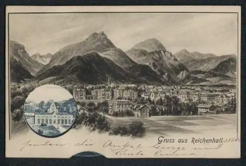 Revolver-AK Reichenhall, Panorama mit Ansichten von Kurhaus, St. Zeno, Kurpark Achselmannstein