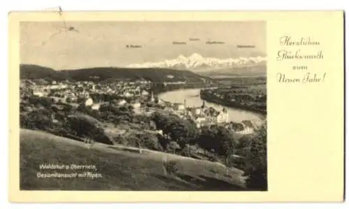 Mini-AK Waldshut a. Oberrhein, Panorama mit H. Kasten, Altmann und Säntis