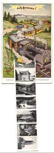 Leporello-AK Bonndorf /Schwarzwald, Eisenbahn mit Ansichten von Kunstgewerbeschule, Feldbergturm, Rheinfall