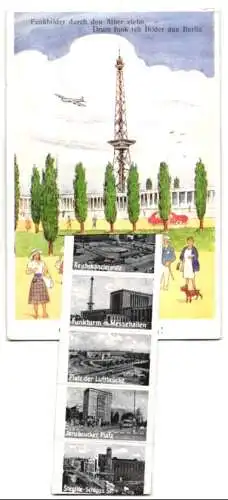 Leporello-AK Berlin, Funkturm mit Ansichten von Bahnhof Zoo, Kurfürstendamm, Schillertheater, Wittenbergplatz