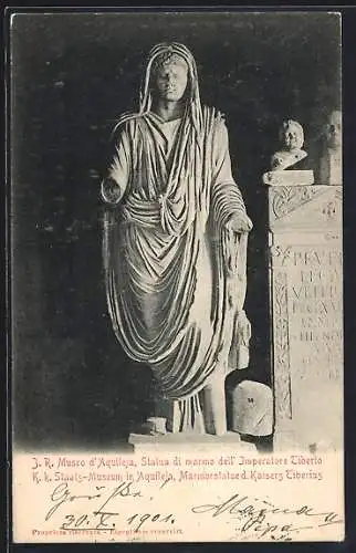 AK Aquileja, K.k. Staatsmuseum, Marmorstatue des Kaisers Tiberius