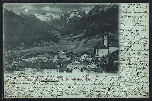 Mondschein-AK Gossensass /Brennerbahn, Ortsansicht mit Blick ins Tal