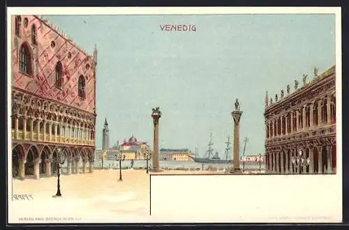 Lithographie Venedig, Markusplatz mit Dogenpalast