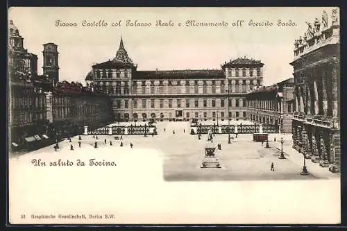 AK Torino, Piazza Castello col Palazzo Reale e Monumento all`Esercito Sardo