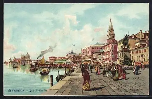 Lithographie Venezia, Riva Schiavoni, Gondeln