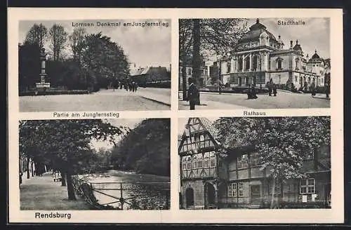 AK Rendsburg, Stadthalle, Rathaus, Lornsen-Denkmal am Jungfernstieg