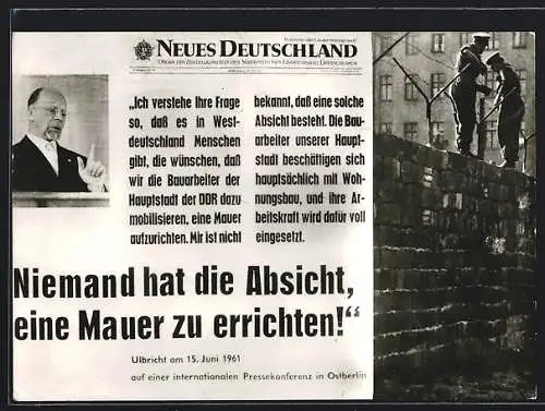 AK Berlin, Zum Thema Sperrmauer, Walter Ulbricht, Es hat niemand die Absicht eine Mauer zu errichten!