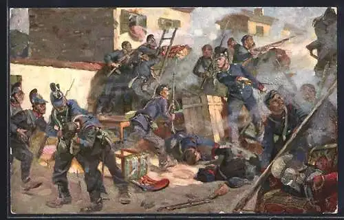 Künstler-AK Zurückschlagen der Franzosen durch Teile des 5. bayer. Inf. Regt. aus Chatillon 1870