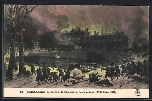 AK Saint-Cloud, durch die Preussen gelegter Brand des Schlosses, 13. Oktober 1870