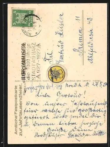 Künstler-AK Nordhausen, Jahrtausendfeier, Fachwerkhäuser und Denkmal