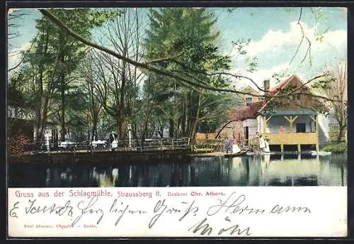 AK Straussberg / Mark, Gasthaus Schlagmühle C. Albers, vom Wasser gesehen