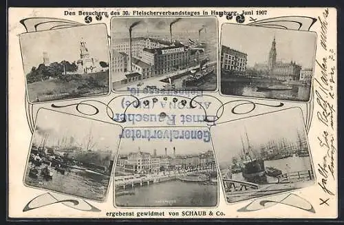 AK Hamburg, Firma Schaub & Co. aus der Vogelschau, Hafenpartie, Bismarck-Denkmal, Fleischerverbandstag 1907