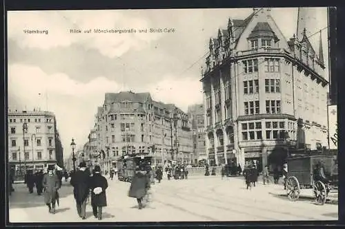 AK Hamburg, Blick auf Mönckebergstrasse und Stadt-Café, Strassenbahn