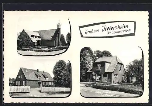 AK Iselersheim, Kirchenansicht, Schulgebäude, Gemischtwaren M. Krüger