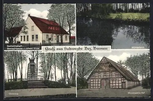 AK Sudweyhe, Gasthaus Kruse, Mühlenteich, Ehrenmal, Moormann's Hof