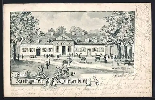 AK Nymphenburg, Gasthaus Hirschgarten mit Gästen und Hirschen