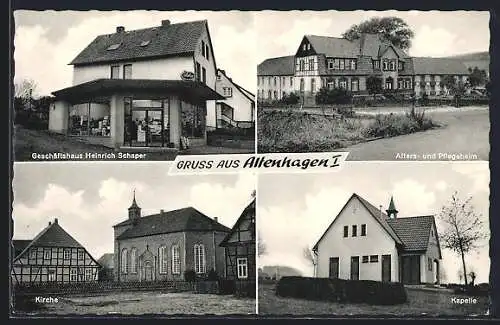 AK Altenhagen I, Geschäftshaus H. Schaper, Alters-u. Pflegeheim, Kirche, Kapelle