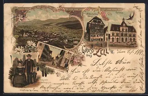 Lithographie Zeil a. H., Altdeutsches Haus, Hauptstrasse, Trachtenpaar, Gesamtansicht