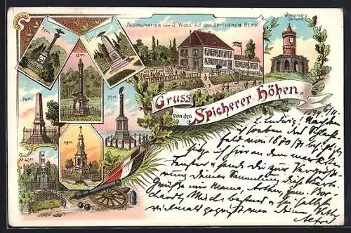 Lithographie Spicherer Höhen, Restaurant von J. Woll auf dem Spicherer Berg, Winterberg-Denkmal, 48 er