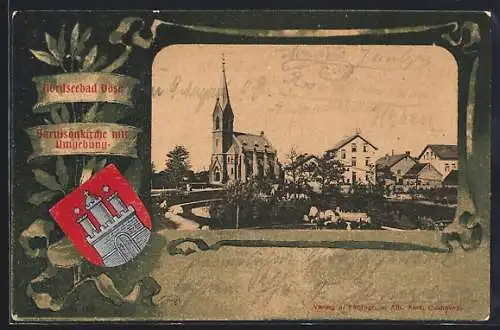 Lithographie Döse /Nordsee, Garnisonkirche mit Umgebung, Wappen, Lorbeer-Ornament