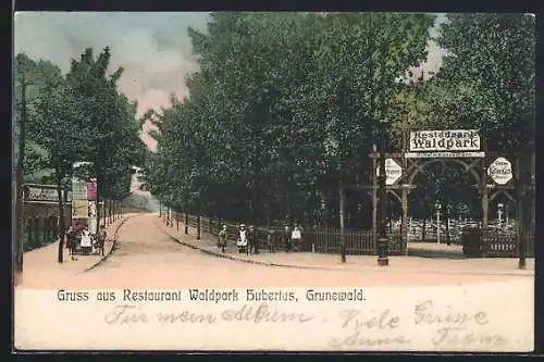 AK Berlin-Grunewald, Restaurant Waldpark Hubertus, Litfasssäule