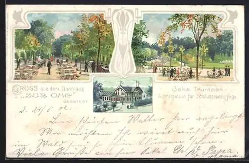 Lithographie Garstedt / Norderstedt, Gasthaus zur Ohe, Aussenansicht und Garten