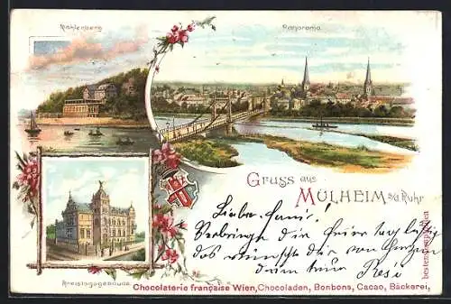 Lithographie Mülheim / Ruhr, Kahlenberg, Kreistagsgebäude, Panorama