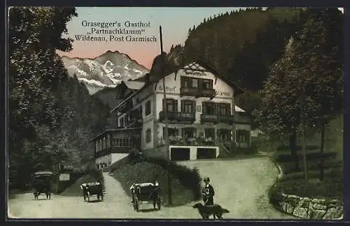 AK Garmisch-Partenkirchen, Graseggers Gasthaus Partnachklamm Wildenau Nr. 3, Bergpanorama