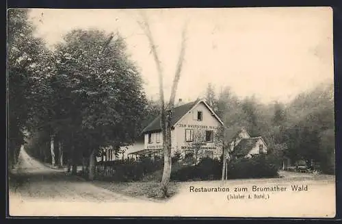 AK Brumath, Gasthaus Restauration zum Brumather Wald A. Distel mit Garten u. Strasse