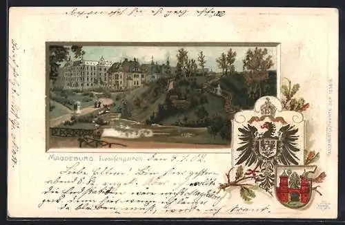 Passepartout-Lithographie Magdeburg, Partie im Louisengarten, Wappen